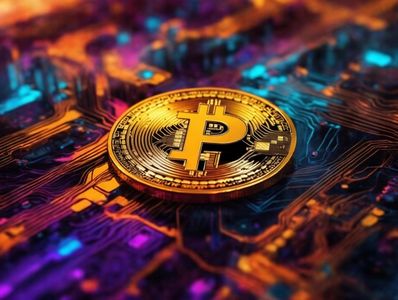 A gold Bitcoin coin on a colorful electronic circuit board.