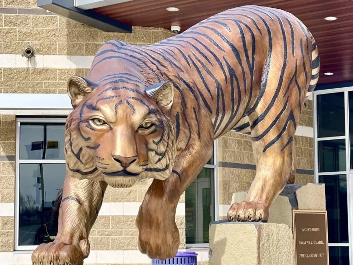 A large tiger statue outside a building.