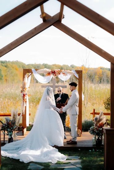 Barn wedding valley in Hudson Valley overlooking fall scenery