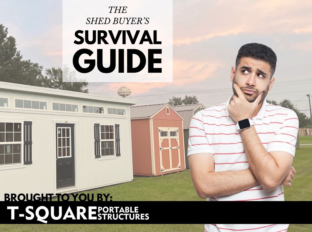 A man ponders shed buying with portable structures in the background.