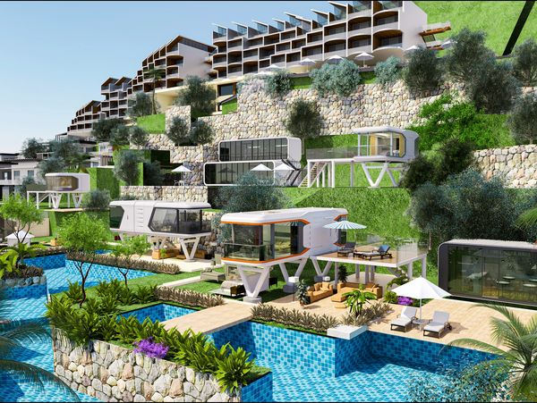 Modern hillside homes with pools and greenery.