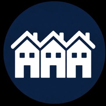Three connected house icons in white on a dark blue circle.