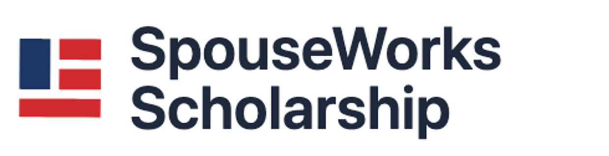 SpouseWorks Scholarship logo with red and blue flag design.