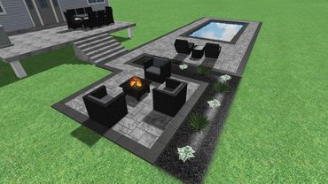 plan 3D D'une espace feu et espace détente avec piscine creusée