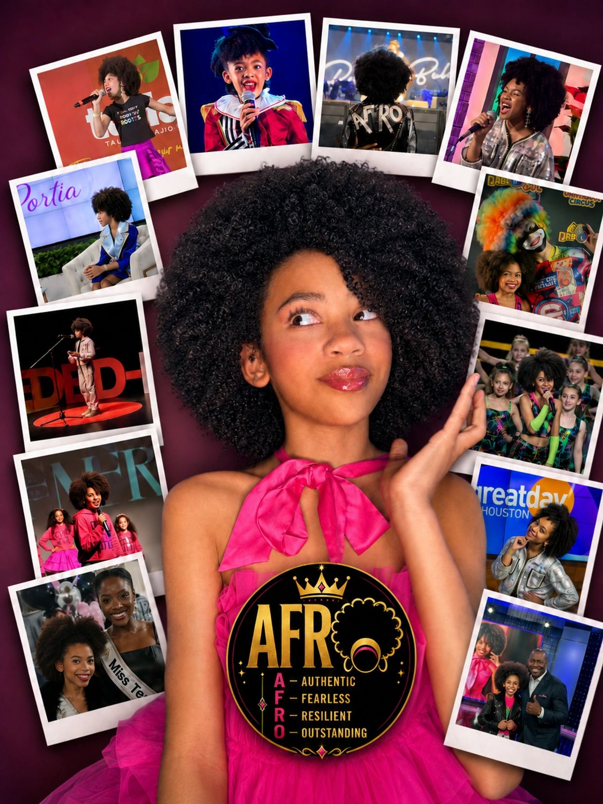 Young confident girl with Afro hairstyle touching hair, surrounded by photos celebrating Afro heritage.
