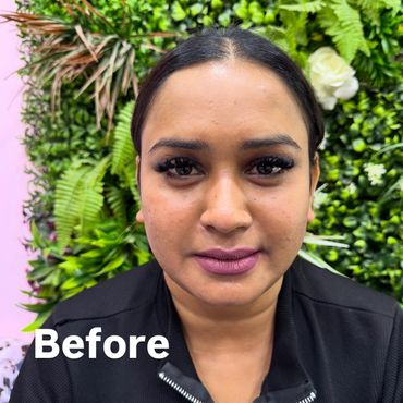 Close-up portrait of a woman with makeup and 'Before' text.