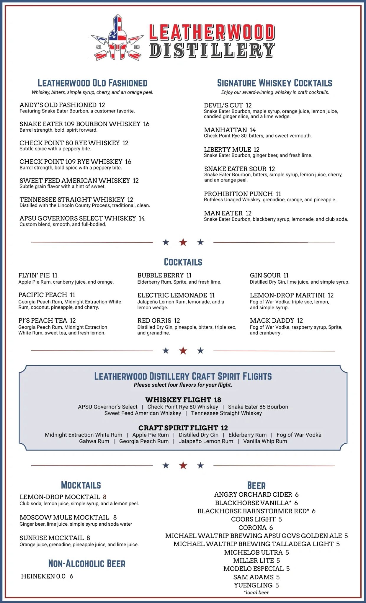 Craft spirit menu at Leatherwood Distillery in downtown Clarksville, TN