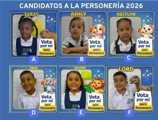 Six children candidates for 2026 personería with animal mascots and voting messages.