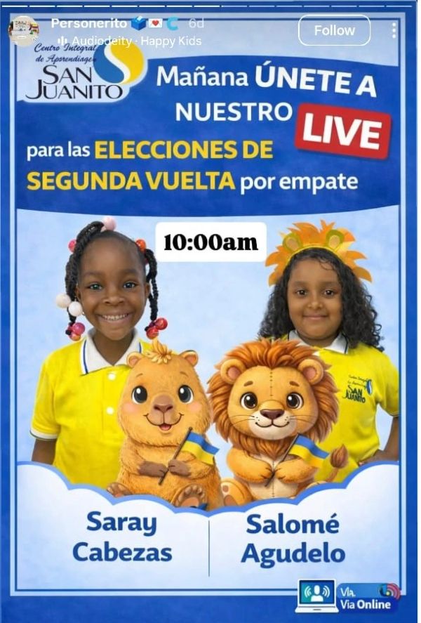 Two girls promote a live event for second round elections at San Juanito school.