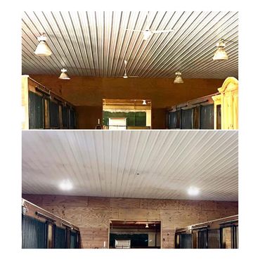 Comparison of a barn ceiling before and after cleaning.