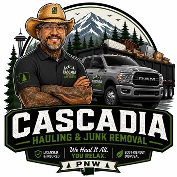 Logo for Cascadia Hauling & Junk Removal with a man, truck, and mountain.