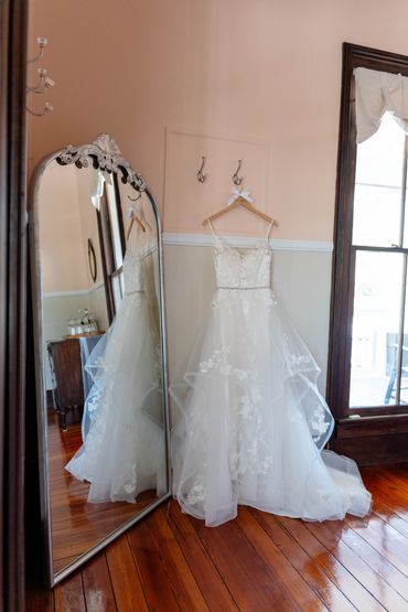 wedding dress inside bridal suite at Chateau Amelia destination weddings South Carolina