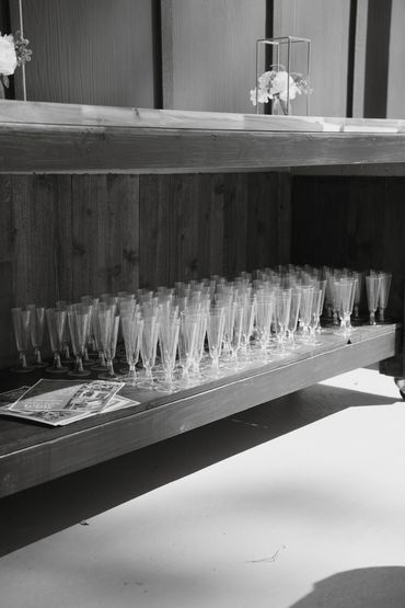 champagne glasses on bar cart wedding barn South Carolina