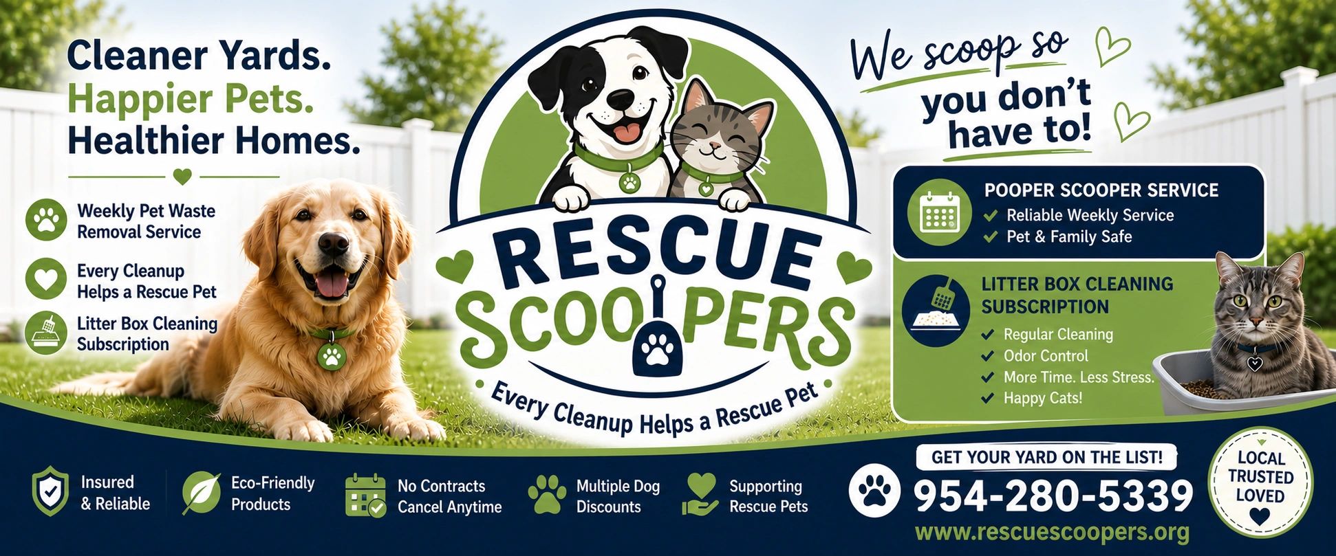 Rescue Scoopers offers weekly pet waste removal and litter box cleaning with eco-friendly, reliable service supporting rescue pets.