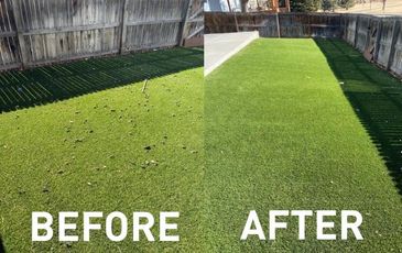 Before and after view of a cleaned and refreshed backyard lawn.