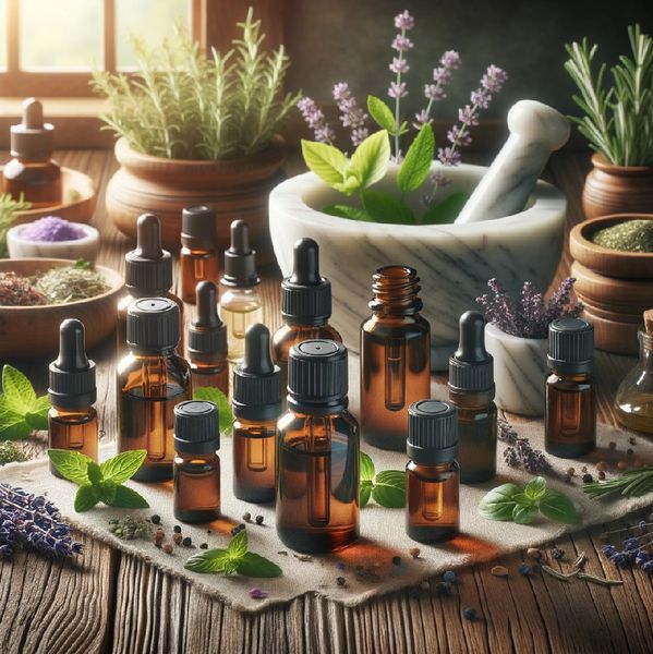 A collection of essential oils, plants and herbs and a pestle and mortar