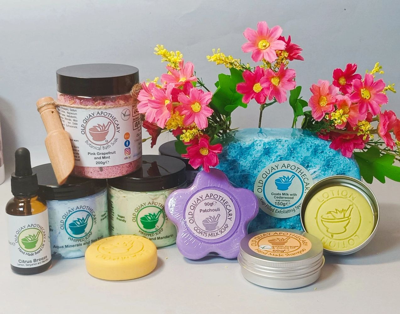 A collection of handmade goats milk soap, shampoo bars and wax melts