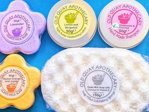 A colorful assortment of Old Quay Apothecary skincare products and Ancient Wisdom hand and body wash.