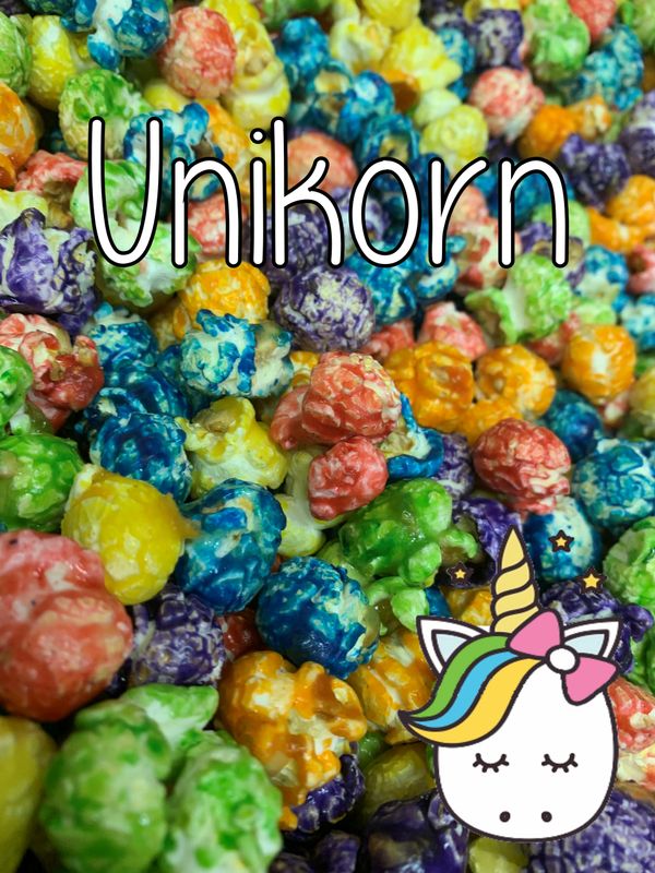 unicorn gourmet popcorn flavors grape, strawberry, blueberry, orange, lemon, and green apple