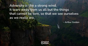 Arthur Golden quote about adversity, with a cliff on a high mountain background