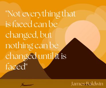 James Baldwin quote on change with a mountain and sunset background.