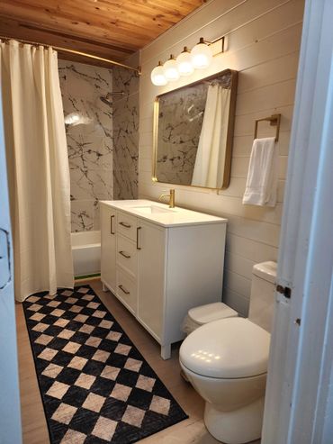 Renovated bathroom with fresh paint, upgraded vanity, shower upgrade & updated lighting fixtures.