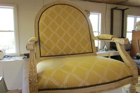 French Arm furniture reupholstery with special Finish Tacks installed