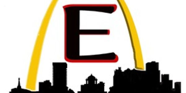 Large red letter E overlaying a city skyline with a yellow arch.