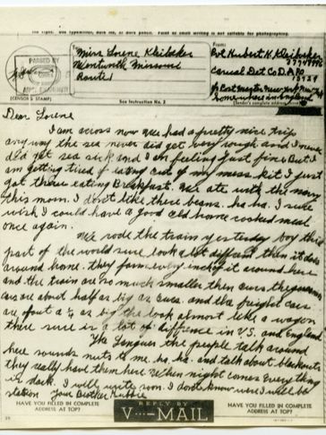 Handwritten V-Mail letter from a soldier to his sister.