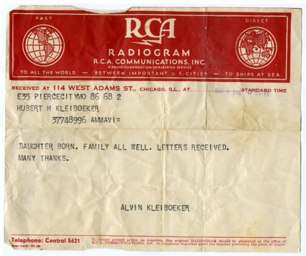 Old RCA radiogram with a family message.