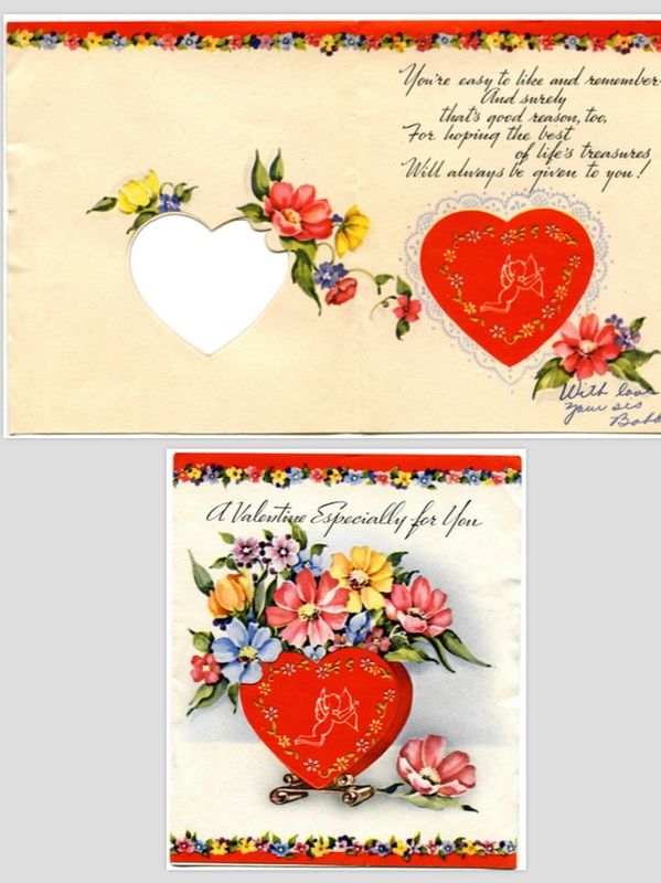 Vintage Valentine card with heart and flowers.