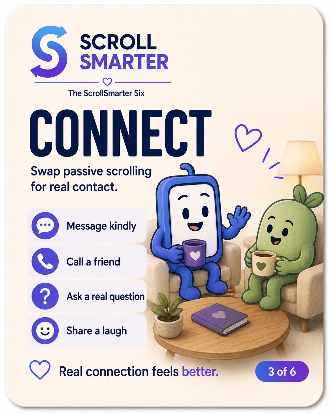 Illustration encouraging real connection over passive scrolling with friendly characters sharing coffee.