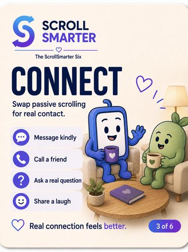 Illustration promoting real connection over passive scrolling.