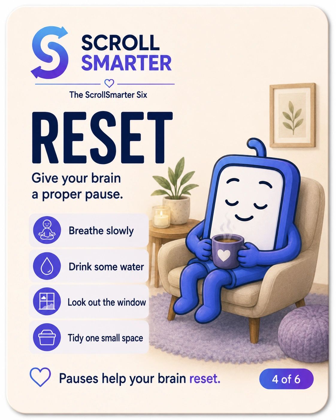 A blue character enjoying a calm moment with tips to reset your brain.