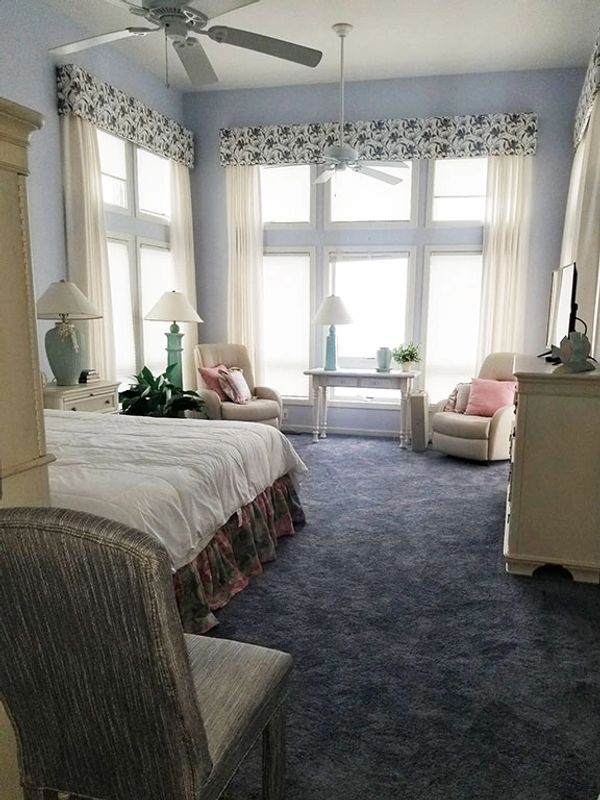 Custom Window Treatments Box Valance with vine pattern and white sheer panels