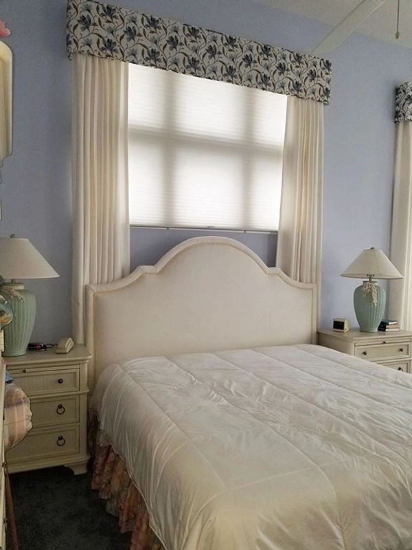 Custom Window Treatments Box Valance with vine pattern and white sheer panels