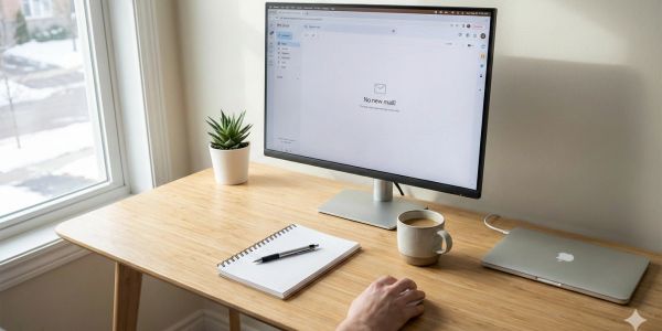 Minimalist workspace with computer and notebook.