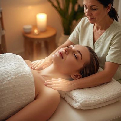 Woman enjoying a relaxing shoulder massage in a calm spa setting.
