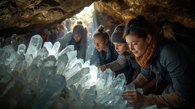 A group of people exploring a cave with large glowing crystals.