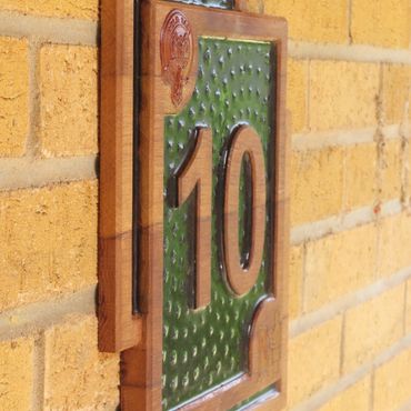 Example house sign. made from oak wooden desk (a lovely momento). Includes mahogany family crest
