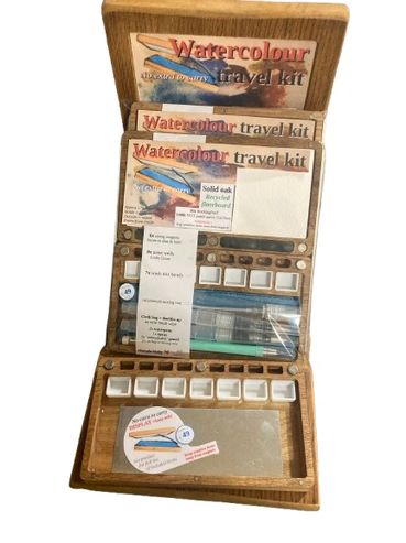 Wooden watercolour travel kit with paint pans (squeeze your own favourite colours in) and water brushes (no need to carry extra water for small paintings & sketches). A 10 piece watercolour paper block is included so there is nothing extra to carry.