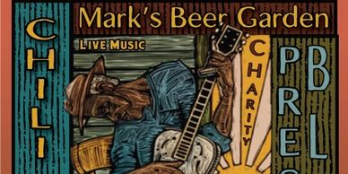 A flyer with a man sitting in a chair with a guitar.