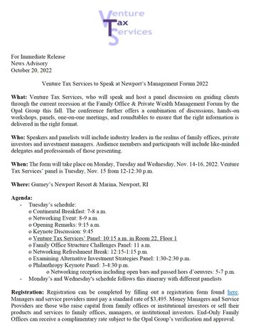 MOCK NEWS ADVISORY OF AN ANNOUNCEMENT THAT STATES VTS IS TO SPEAK AT A WELL-KNOWN CONFERENCE.