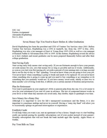 Mock feature on 'Seven Money Tips You Need to Know Before & After Graduation'.