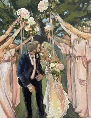 An oil painting of a wedding send-off arch of flowers over the bride and groom as they kiss.