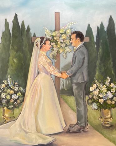 A wedding painting of a bride and groom standing in front of a cross giving their vows