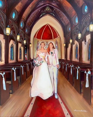A wedding painting of two brides walking down the red carpet aisle of a greek revival church