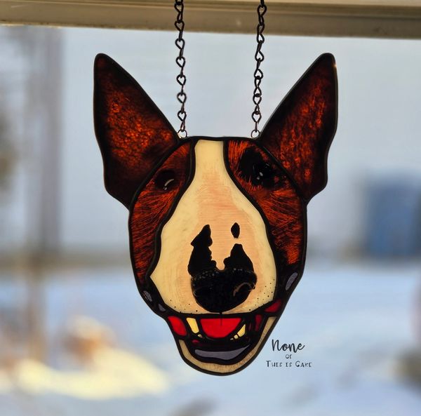 "Jane" 2024, Backlit in window
Stained + Fused Glass Suncatcher with kiln-fired enamel paint details