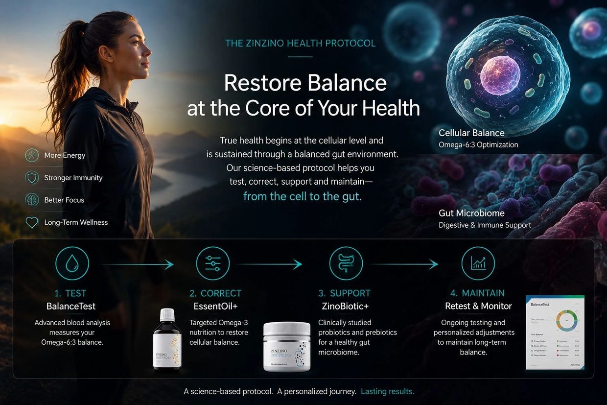 A woman practices health balance with Zinzino's science-based protocol from cell to gut.