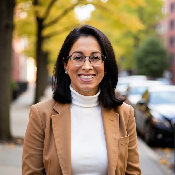 Joanne Llary-Marks is wearing glasses and a brown blazer.